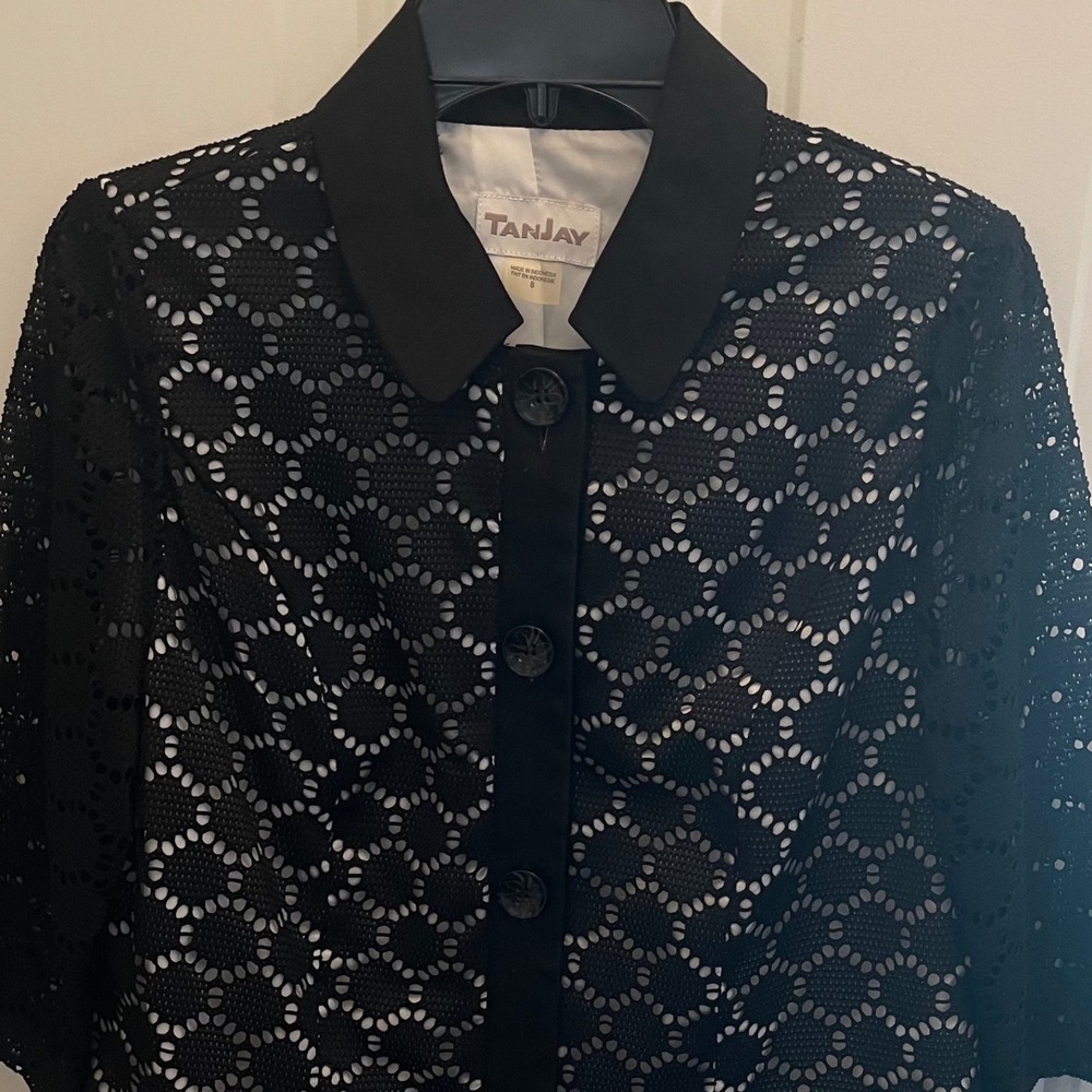 Tanjay Womens Black Lace Eyelet Button Up Jacket White Lined Size 8 Lagenlook
